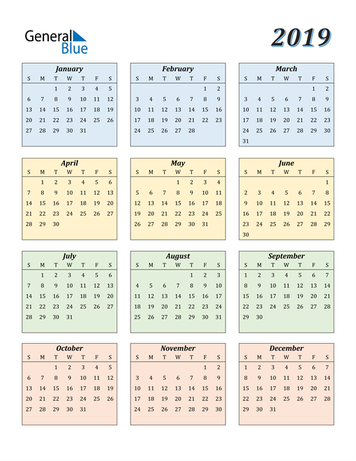 Calendar for 2019