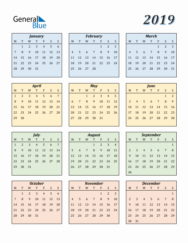Calendar for 2019 (Monday Start)