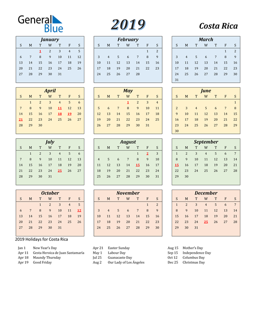 2019 Costa Rica Calendar with Holidays