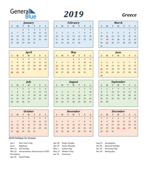 2019 Greece Calendar with Holidays