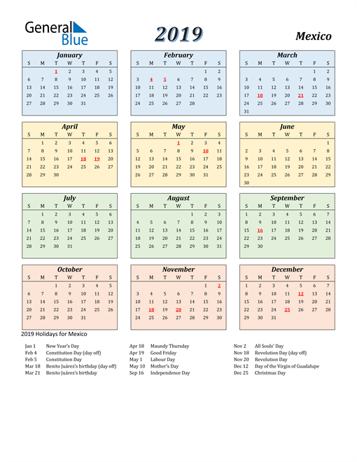 2019 Mexico Calendar with Holidays