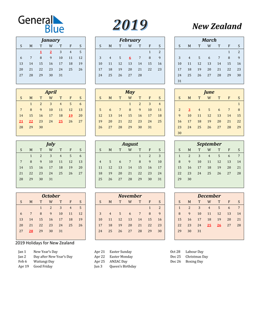 2019 New Zealand Calendar with Holidays