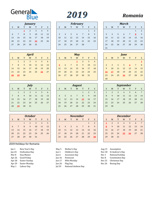 2019 Romania Calendar with Holidays