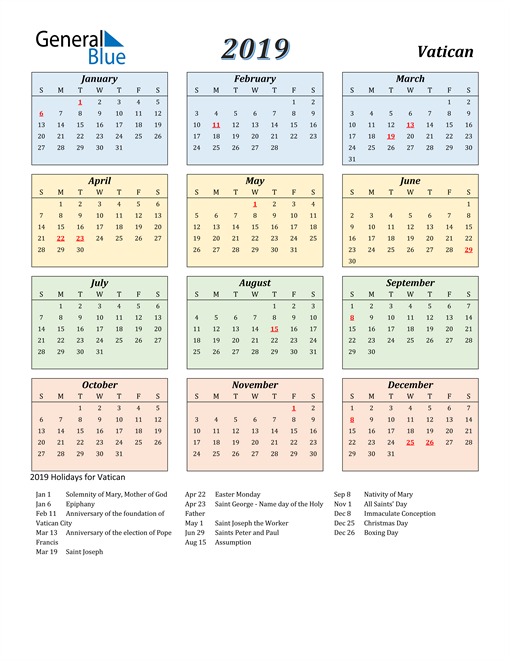 2019 Vatican Calendar with Holidays