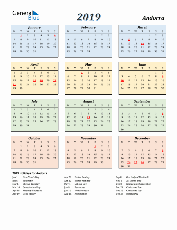 Andorra Calendar 2019 with Monday Start