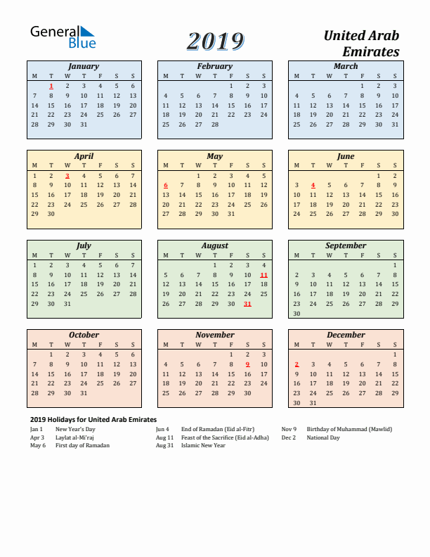 United Arab Emirates Calendar 2019 with Monday Start