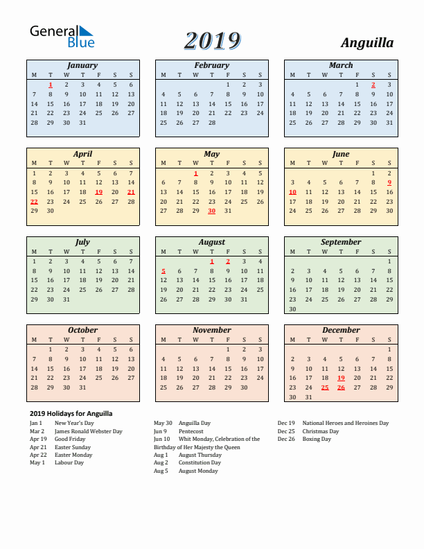 Anguilla Calendar 2019 with Monday Start