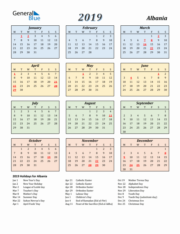 Albania Calendar 2019 with Monday Start