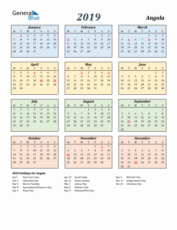 Angola Calendar 2019 with Monday Start