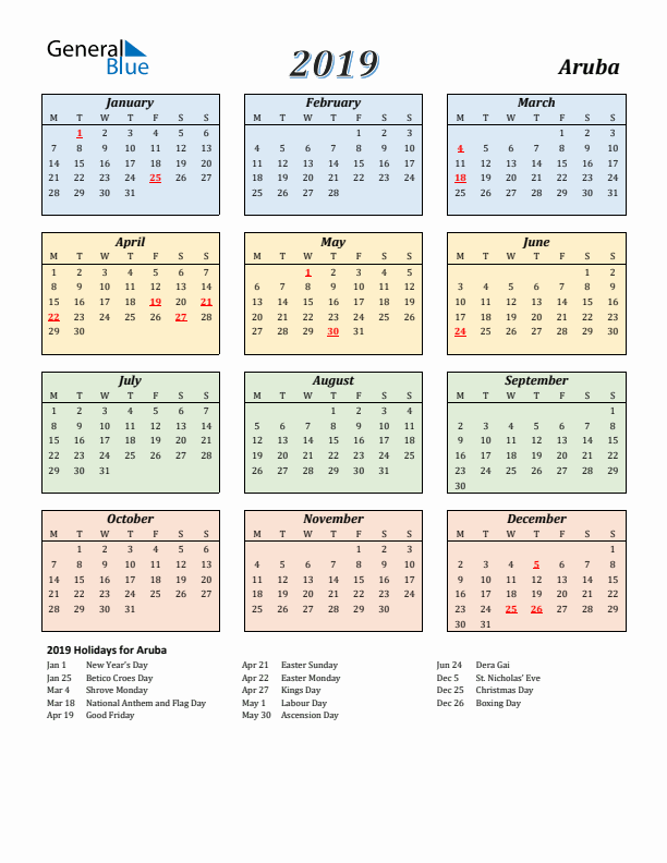 Aruba Calendar 2019 with Monday Start