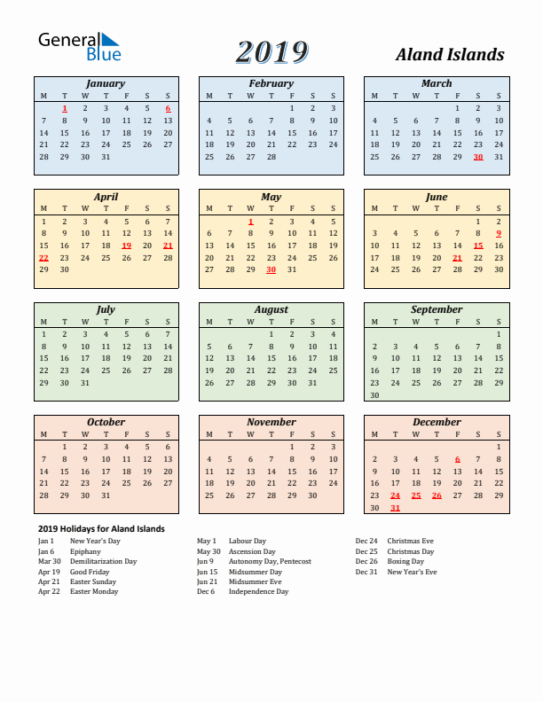 Aland Islands Calendar 2019 with Monday Start