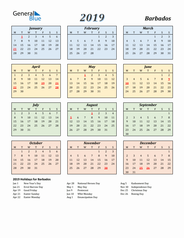 Barbados Calendar 2019 with Monday Start