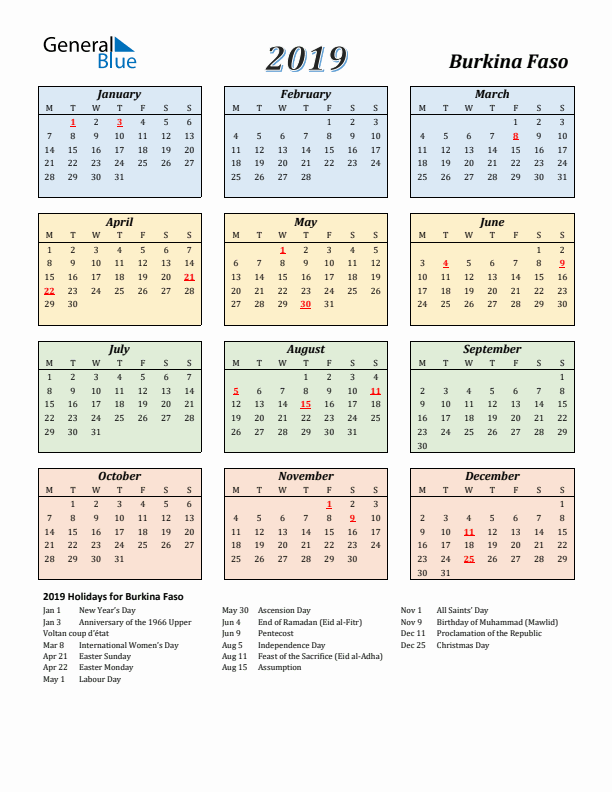 Burkina Faso Calendar 2019 with Monday Start