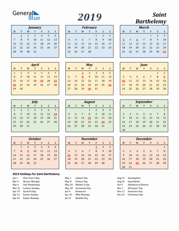 Saint Barthelemy Calendar 2019 with Monday Start