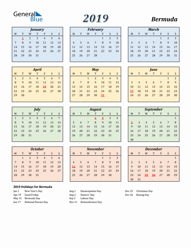 Bermuda Calendar 2019 with Monday Start
