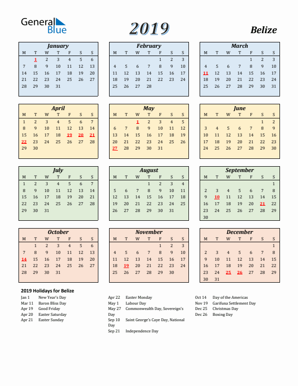 Belize Calendar 2019 with Monday Start