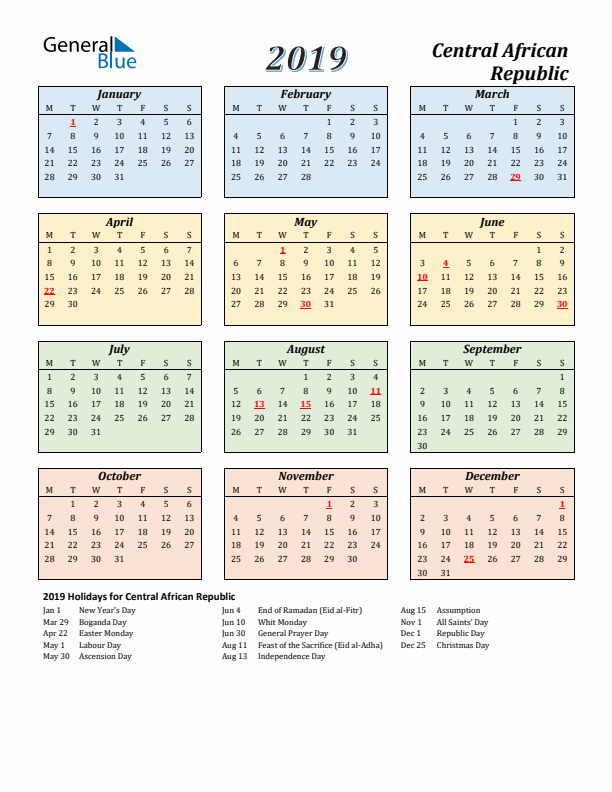 Central African Republic Calendar 2019 with Monday Start