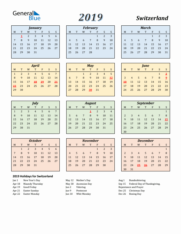 Switzerland Calendar 2019 with Monday Start
