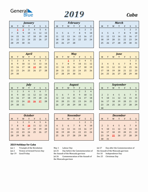 Cuba Calendar 2019 with Monday Start