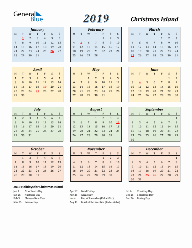 Christmas Island Calendar 2019 with Monday Start