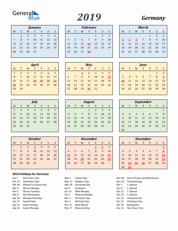 Germany Calendar 2019 with Monday Start