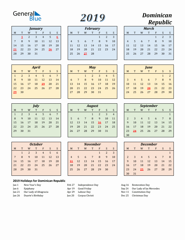 Dominican Republic Calendar 2019 with Monday Start