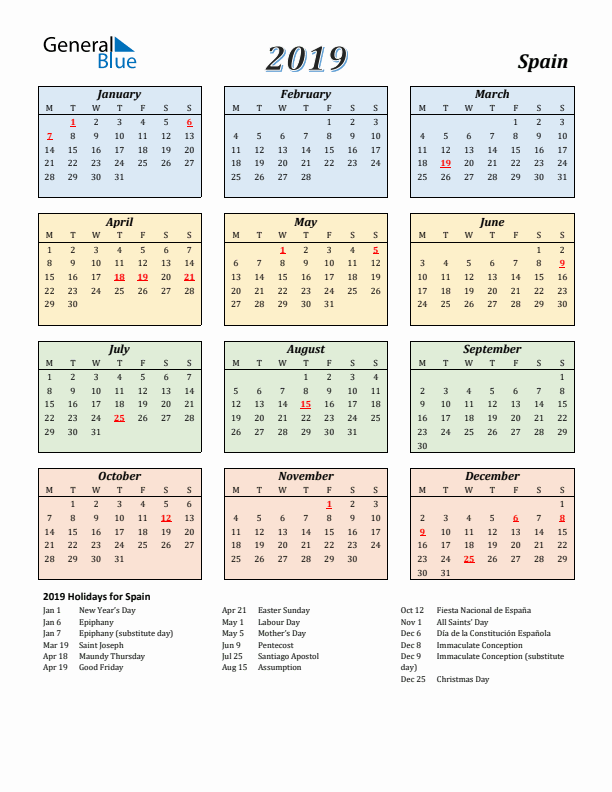 Spain Calendar 2019 with Monday Start