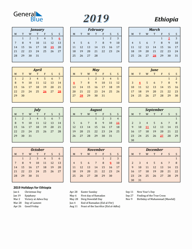 Ethiopia Calendar 2019 with Monday Start