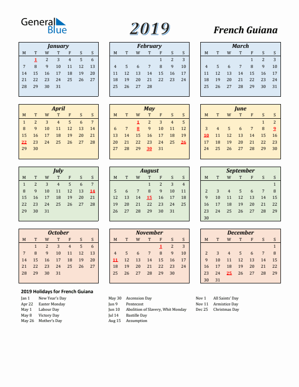 French Guiana Calendar 2019 with Monday Start