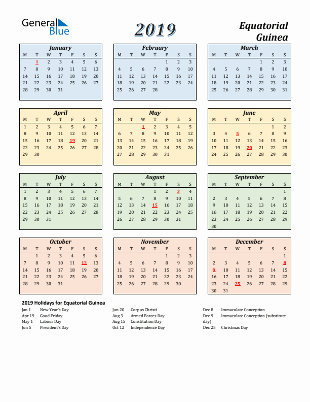 Equatorial Guinea Calendar 2019 with Monday Start