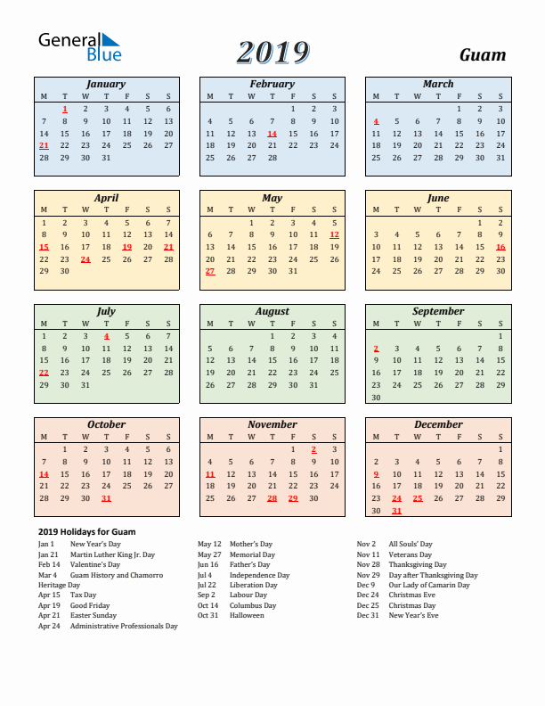 Guam Calendar 2019 with Monday Start