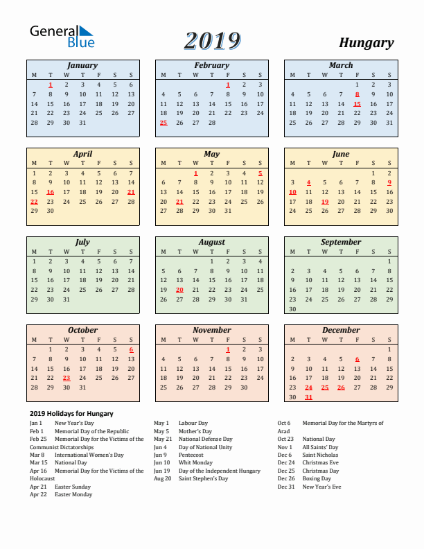 Hungary Calendar 2019 with Monday Start
