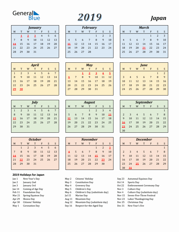 Japan Calendar 2019 with Monday Start