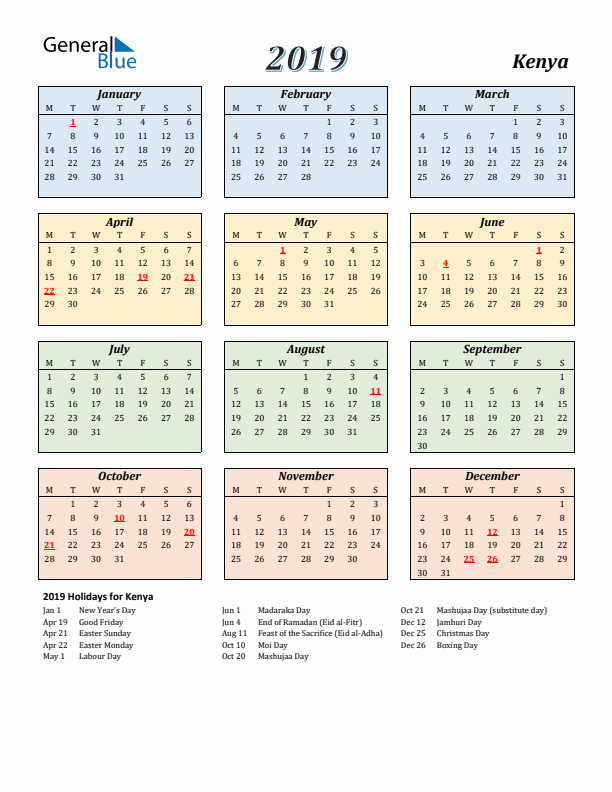 Kenya Calendar 2019 with Monday Start