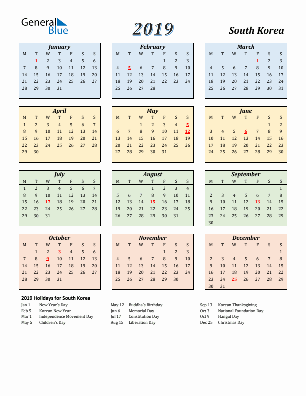South Korea Calendar 2019 with Monday Start