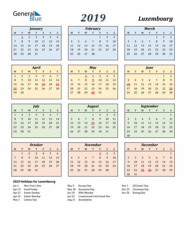 Luxembourg Calendar 2019 with Monday Start