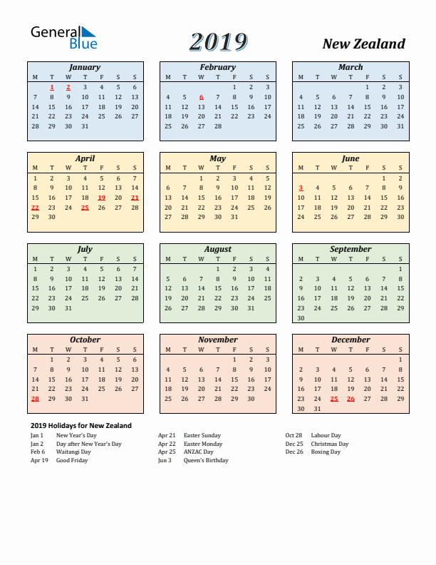 New Zealand Calendar 2019 with Monday Start