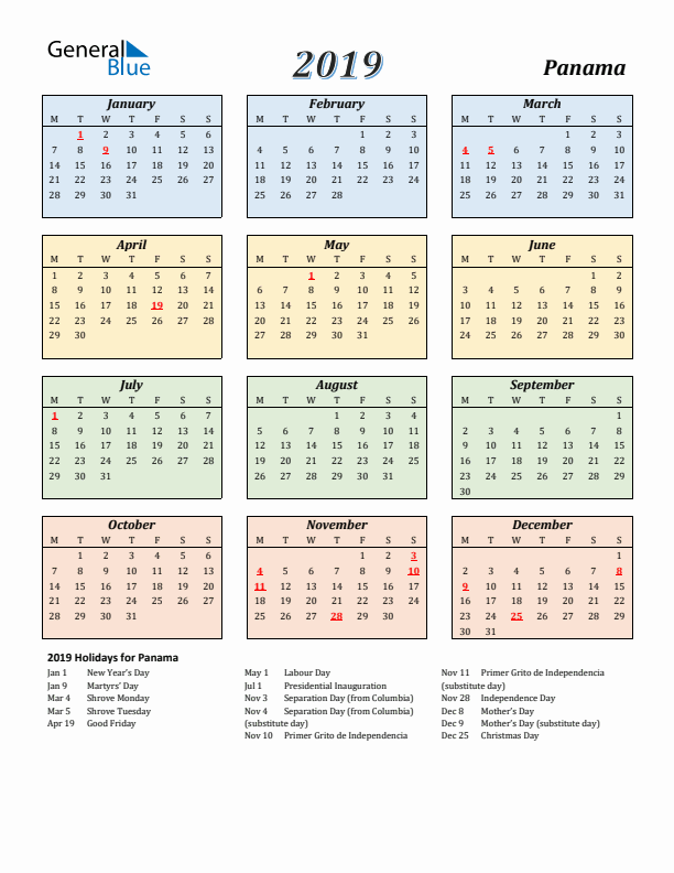 Panama Calendar 2019 with Monday Start