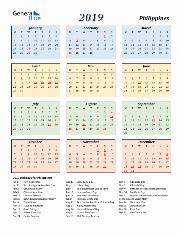 Philippines Calendar 2019 with Monday Start