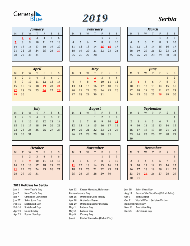 Serbia Calendar 2019 with Monday Start