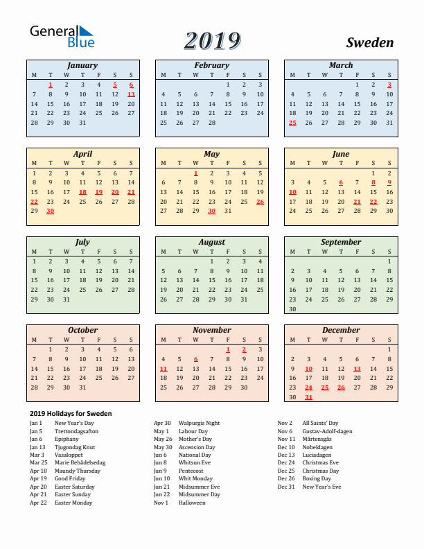 Sweden Calendar 2019 with Monday Start