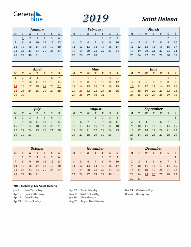 Saint Helena Calendar 2019 with Monday Start