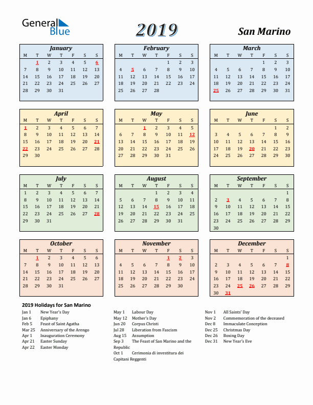 San Marino Calendar 2019 with Monday Start