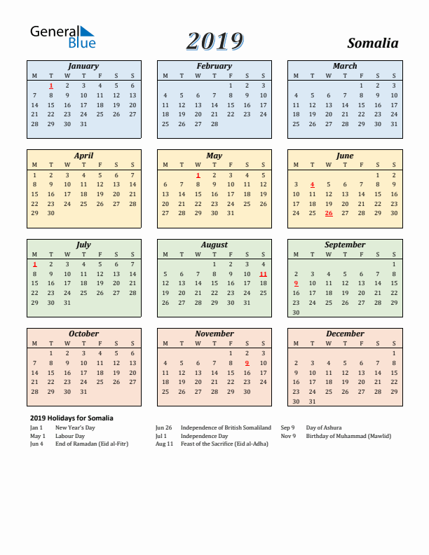 Somalia Calendar 2019 with Monday Start