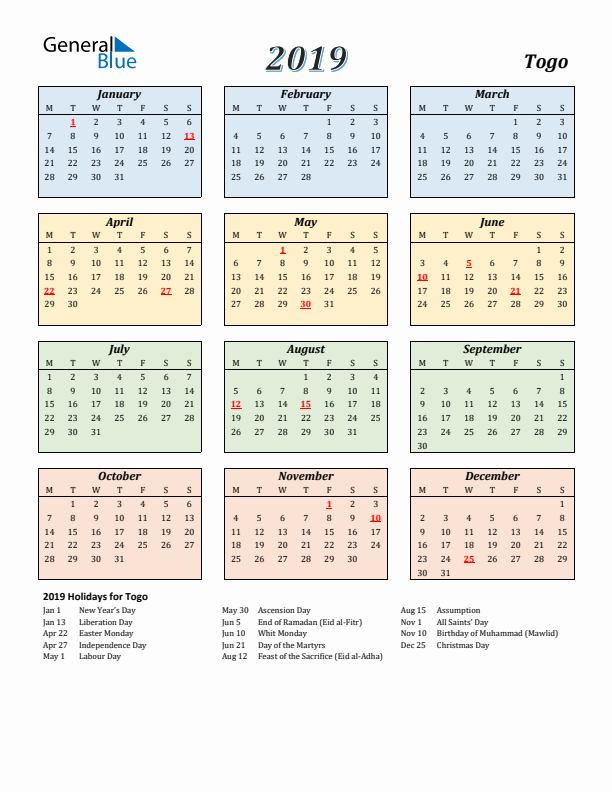 Togo Calendar 2019 with Monday Start