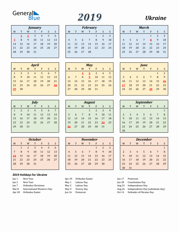 Ukraine Calendar 2019 with Monday Start