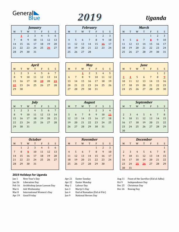Uganda Calendar 2019 with Monday Start