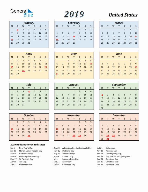 United States Calendar 2019 with Monday Start
