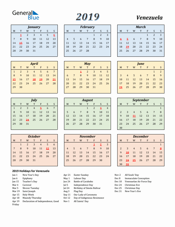 Venezuela Calendar 2019 with Monday Start