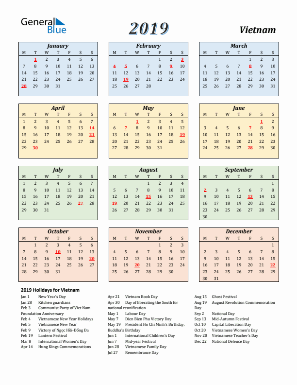 Vietnam Calendar 2019 with Monday Start